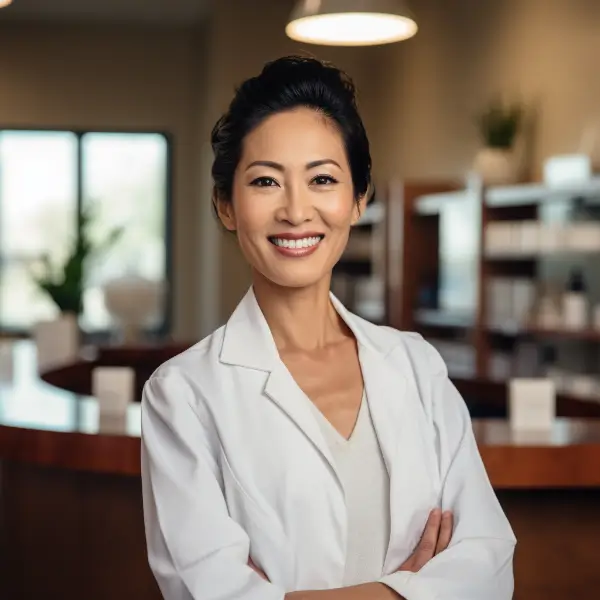 Image of female dentist in front of her reception desk